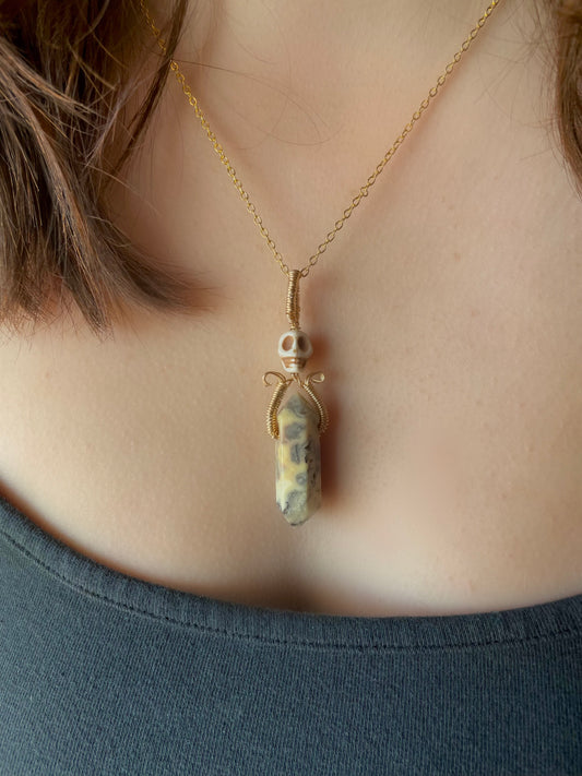 Skull and Brass Crazy Lace Agate Pendant