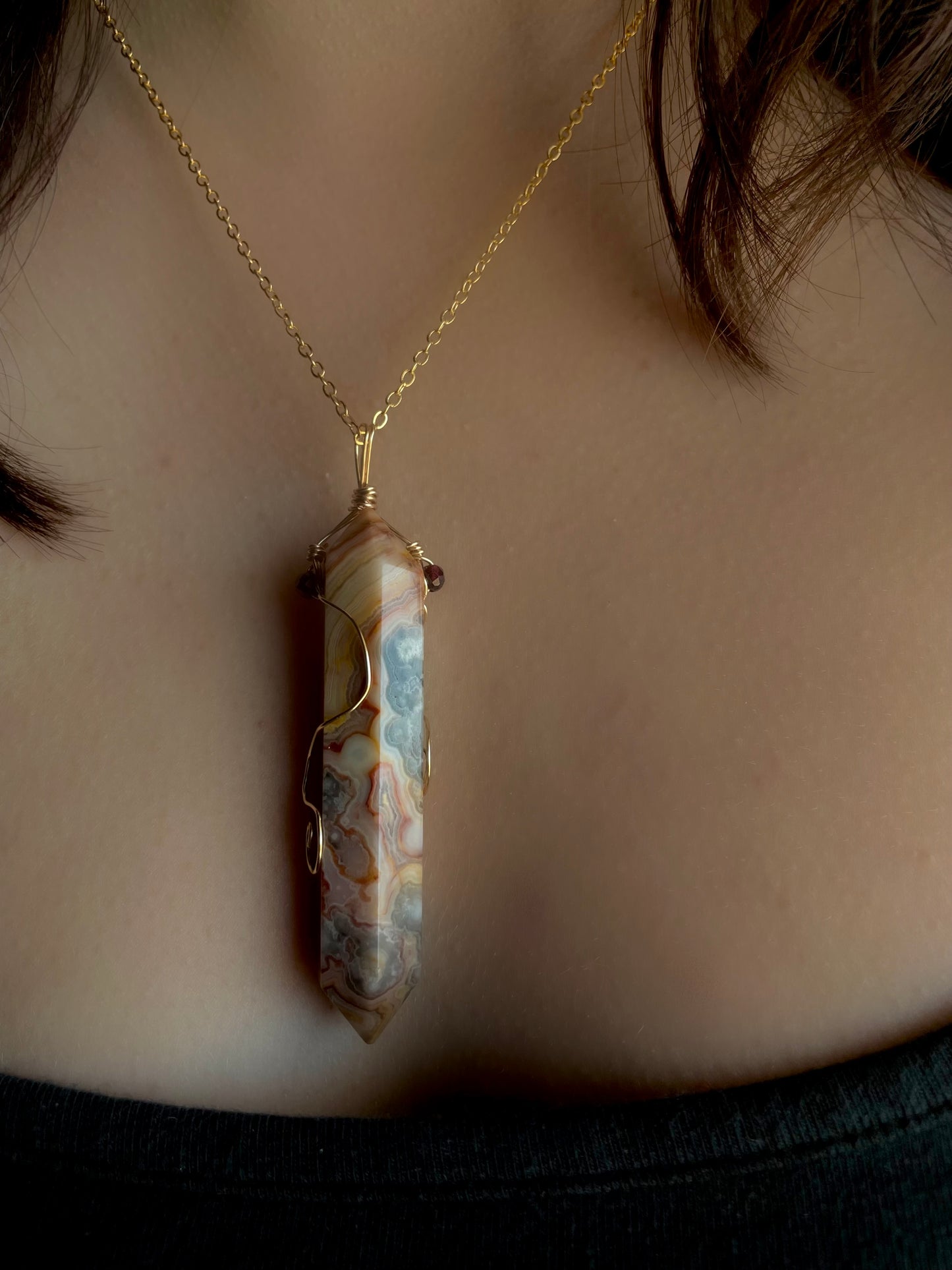 Swirling Brass Crazy Lace Agate and Garnet Pendant