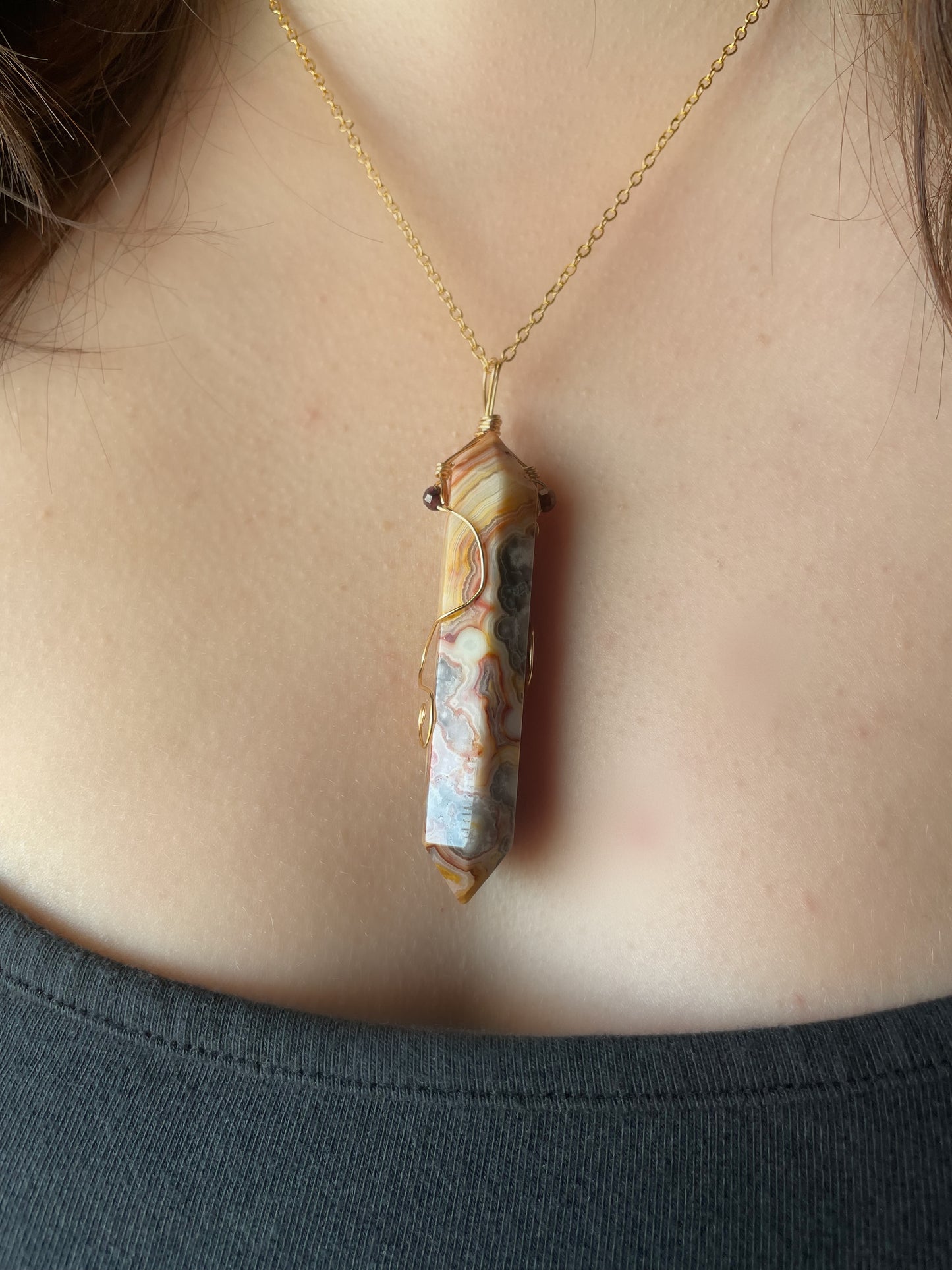 Swirling Brass Crazy Lace Agate and Garnet Pendant