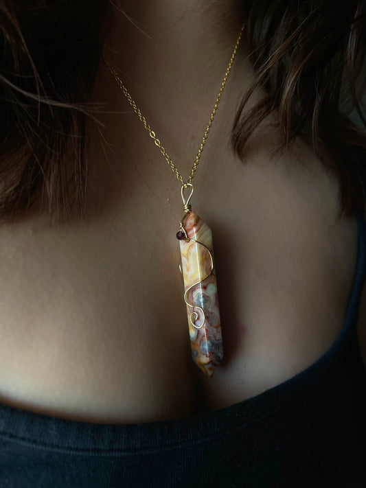 Swirling Brass Crazy Lace Agate and Garnet Pendant